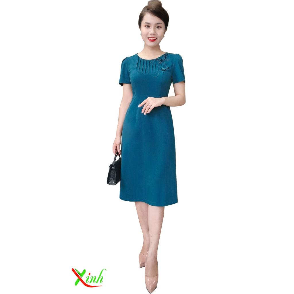 Đầm xanh vịt u kết hoa thủ công cao cấp DL922