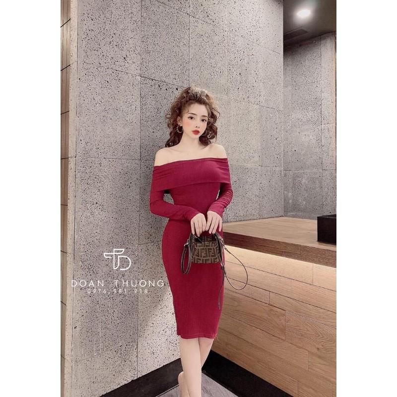 Đầm len đũa trễ vai ôm body 4 màu