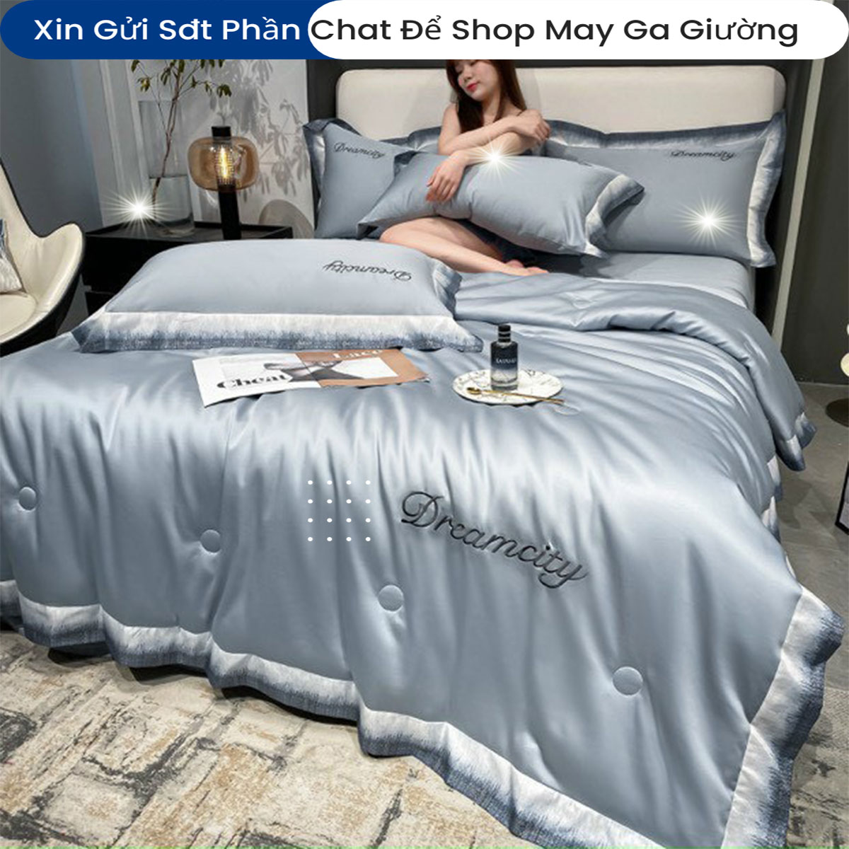 Bộ Chăn Ga Gối Đệm Lụa 5 Món Tencel Dream City Cao Cấp Chăn Chần Bông Lụa Mềm