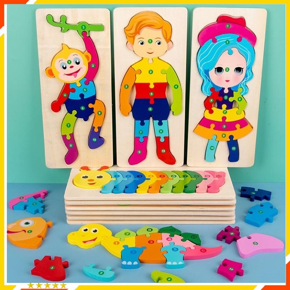 Đồ Chơi Trẻ Em - Combo 5 Tranh Ghép Gỗ Cho Bé Tranh Ghép Gỗ 3D - Tranh Nối Số Từ 1 - 10 đa dạng màu sắc giúp bé phát triển trí tuệ