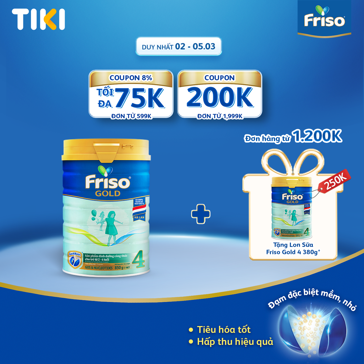 Tặng Lon sữa Friso Gold 380g khi mua DH 1.2tr Sữa Bột Friso Gold 4 850g Dành Cho Trẻ Từ 2 - 6 Tuổi