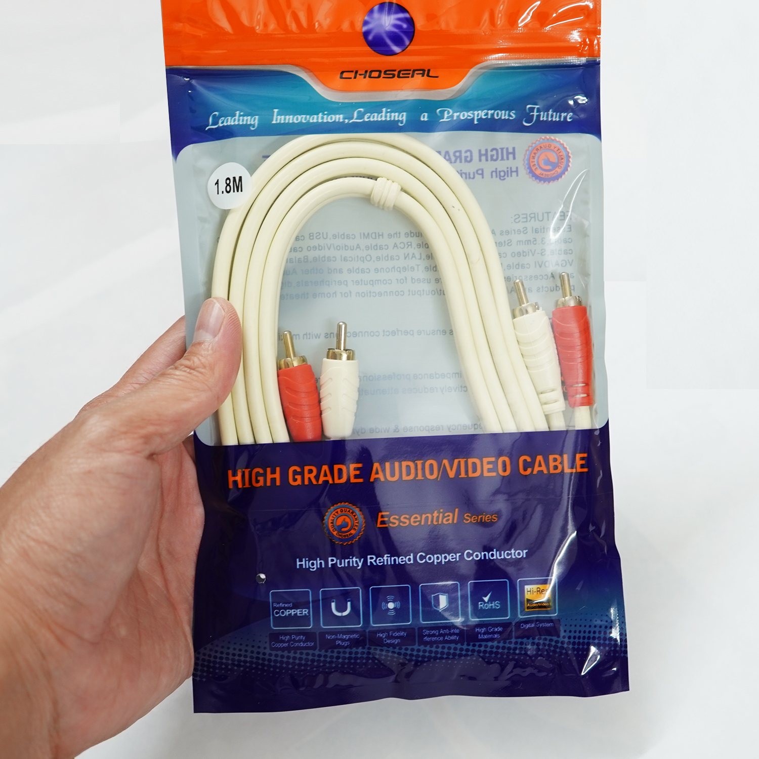 Dây Cáp Nối Loa AV 2 Ra 2 Choseal 1.8M, Jack Tín Hiệu RCA 4 Đầu Bông Hoa Sen Dài Màu Trắng