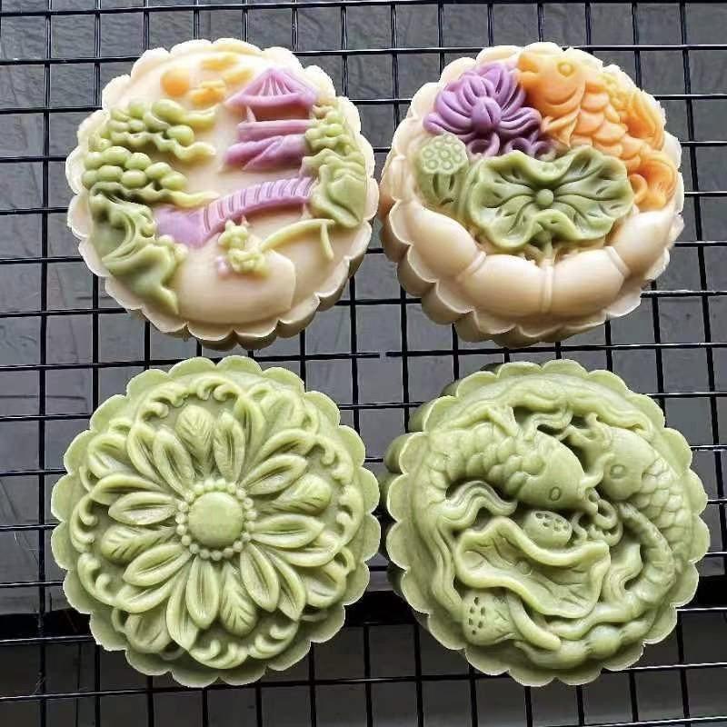 Trung Thu 4 mặt VÂN HOA Sen, Hoa Đồng Tiền, Cá Chép, Non bộ phong thuỷ. Khuôn Bánh nhấn lò xo tạo hình 3D Siêu Sắc
