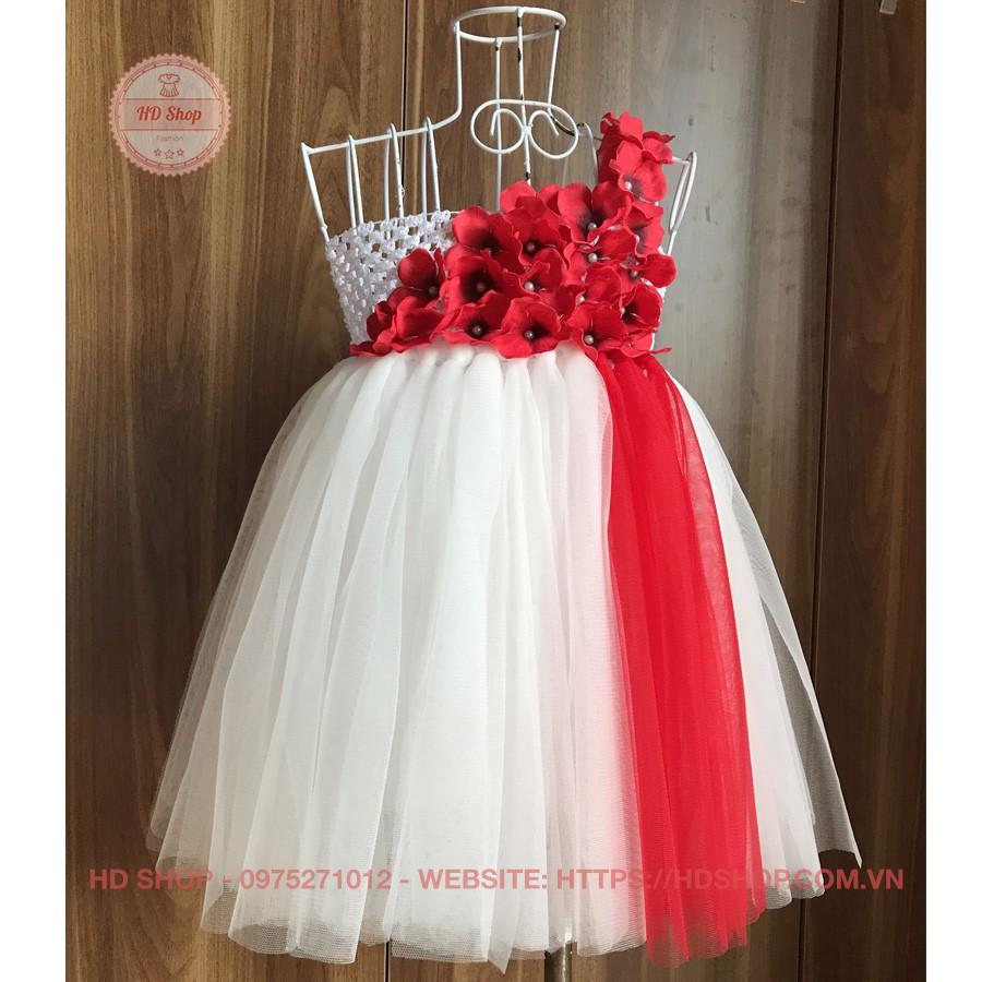 Váy đầm bé gái ️Đầm công chúa trắng dải đỏ tú cầu cho bé gái