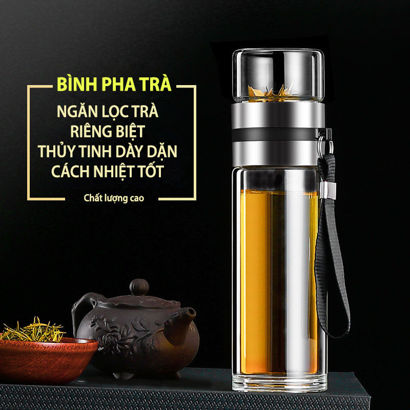 Bình Pha Trà Thuỷ Tinh 2 Lớp Cách Nhiệt Có Lõi Lọc Inox Chịu Nhiệt Cao Dung Tích 450ml Cầm Tay Tiện Lợi - HÀNG CHÍNH HÃNG MININ