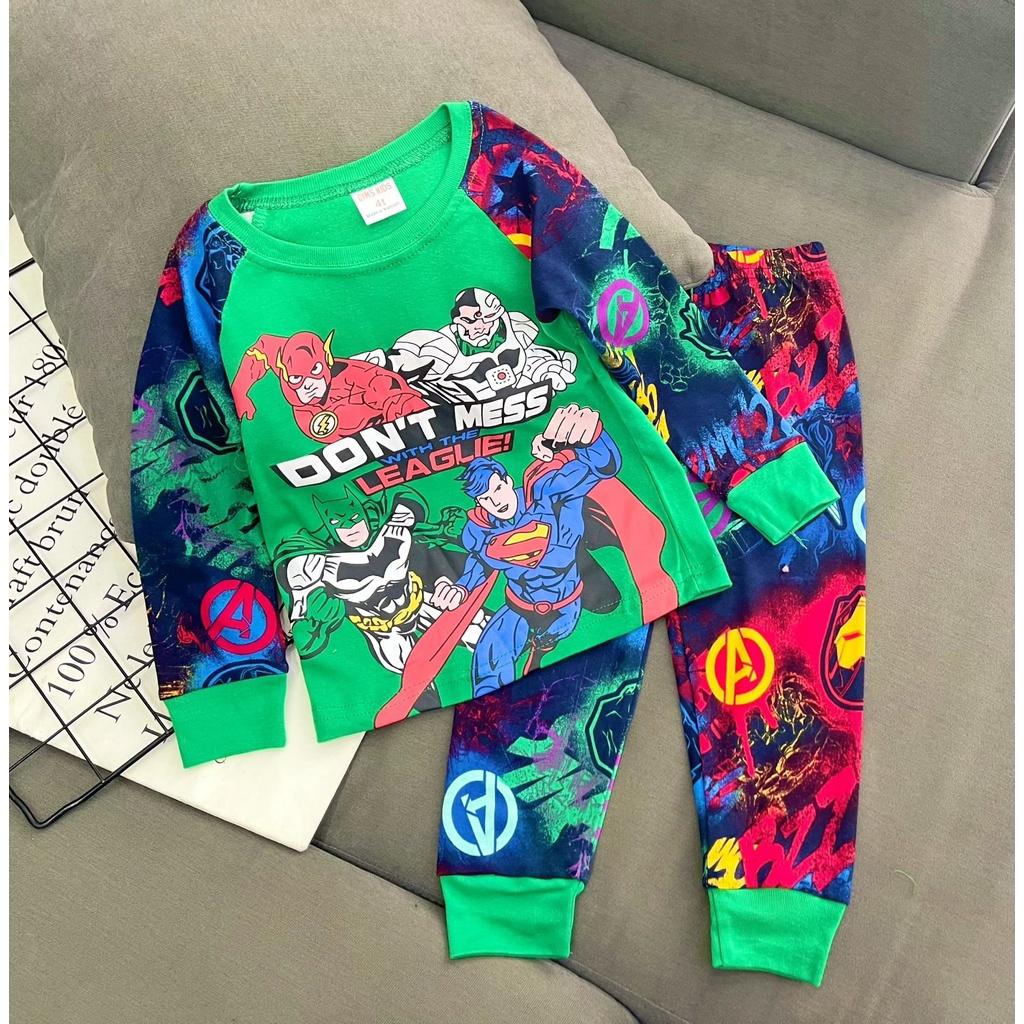 Bộ dài tay bé trai thun cotton borip xuất dư mềm mịn, in hoạt hình siêu cưng, đồ bộ tay dài quần dài thu đông