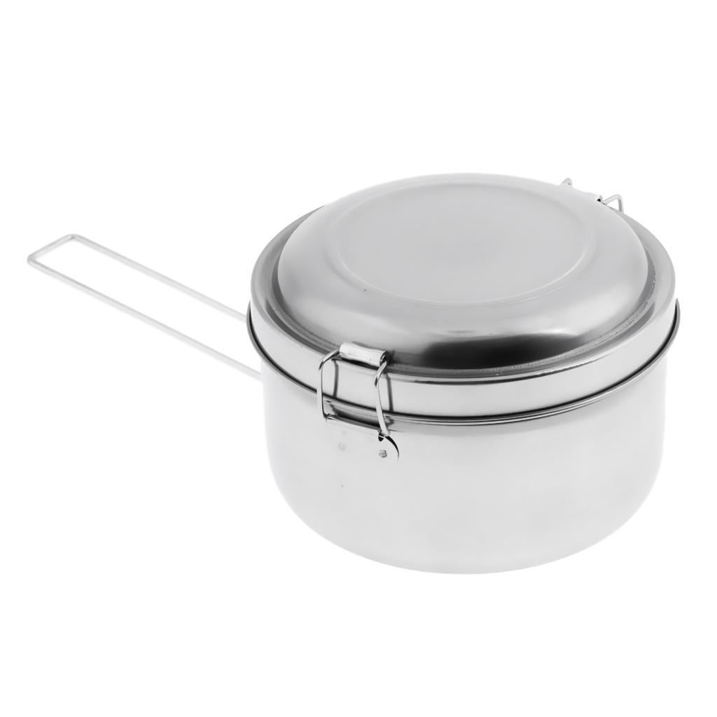 Stainless Steel Lunch Box Double Layer Food Carrier with Folding Handle for Outdoor Sports School Travel