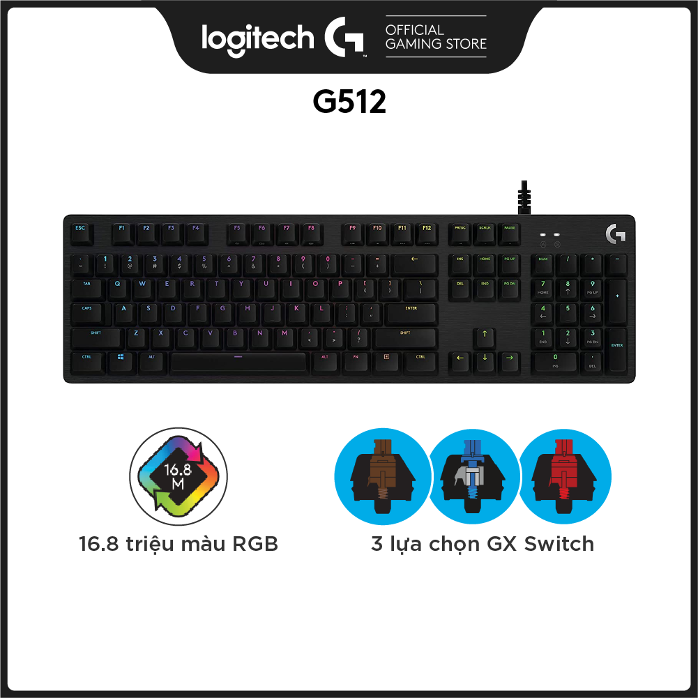 Bàn phím game cơ học Logitech G512 - RGB Lightsync, 3 loại GX Switch, vật liệu cải tiến, cổng USB 2.0 - Hàng Chính Hãng
