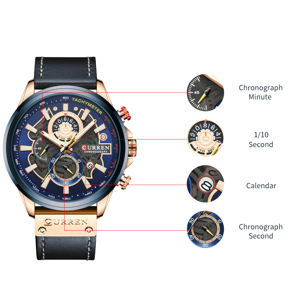 Đồng hồ Quartz CURREN Nam Dây đeo bằng da Hiển thị thời gian & Lịch Chức năng Chống thấm nước 3ATM