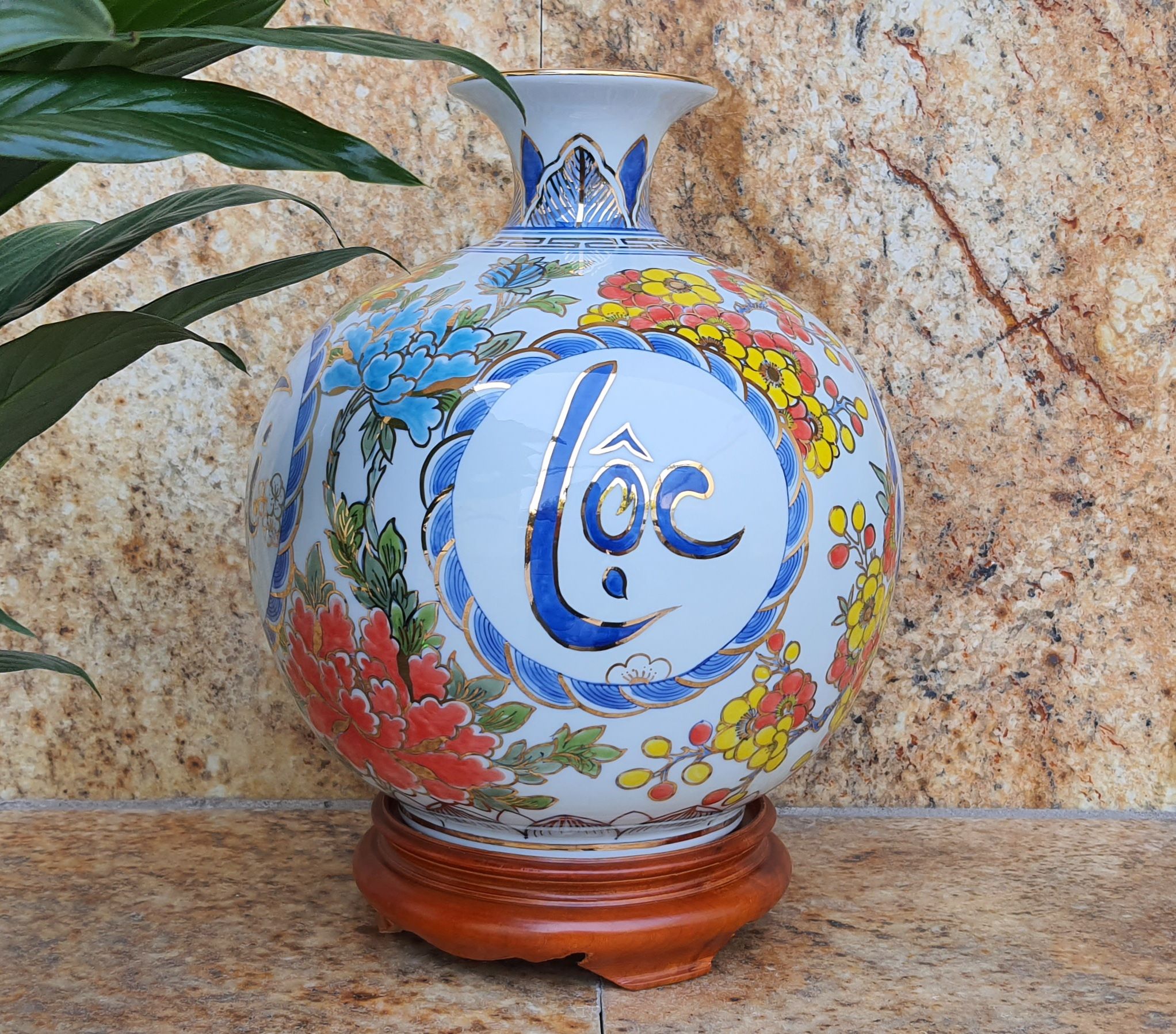 Bình hút tài lộc Phúc Lộc Thọ vẽ vàng kim H32