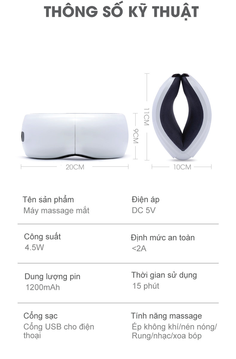 Máy Massage Mắt Tích Hợp Bluetooth Nghe Nhạc Thư Giãn Giảm Bọng Mắt, Thâm Mắt- 5 Chế Độ Massage Khác Nhau, Gấp Gọn 180°, Pin Dung Lượng 1200mAh - Tặng kèm máy massage cầm tay mini - Hàng nhập khẩu