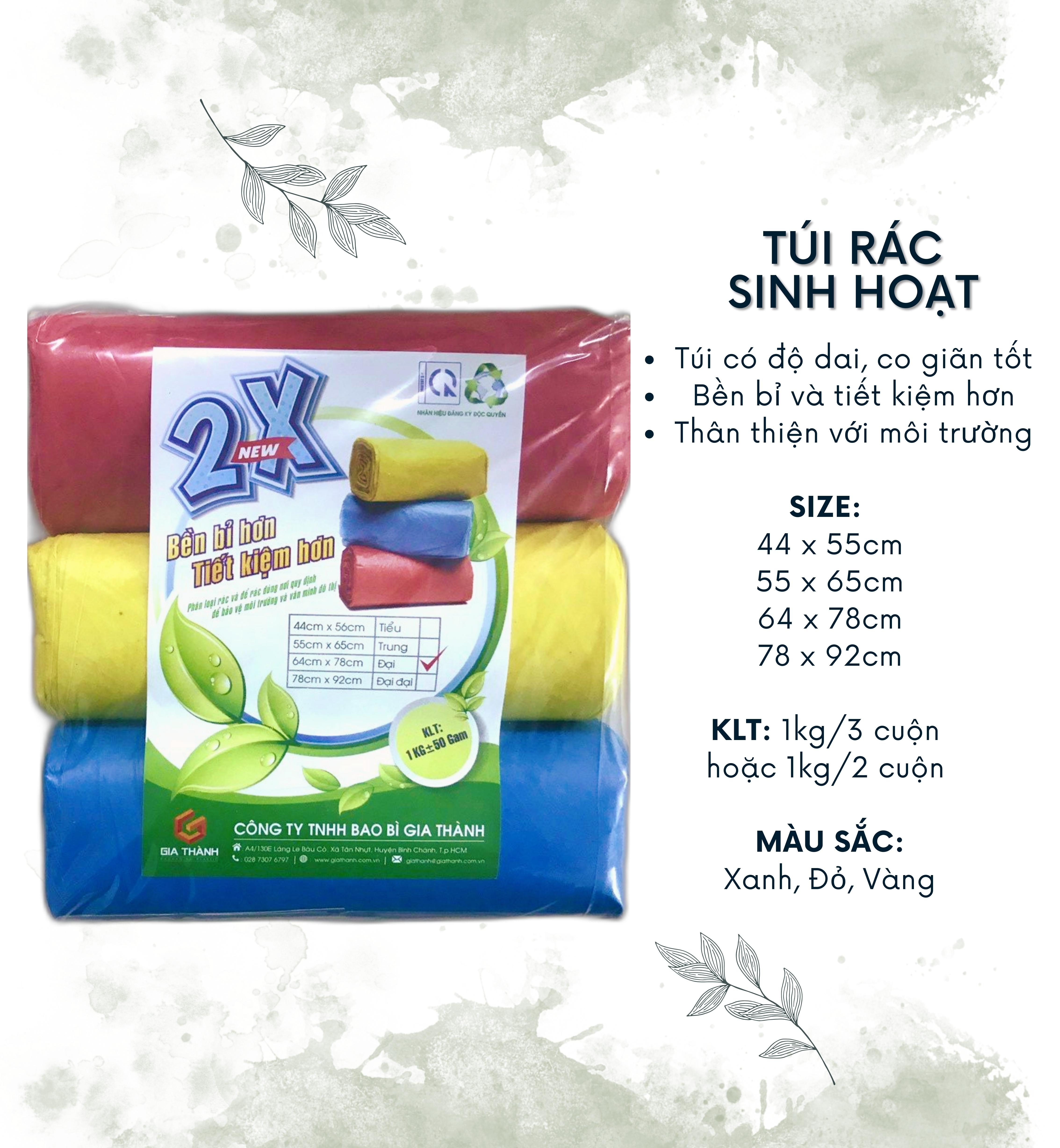 Túi đựng rác sinh hoạt 44x55cm, 55x65cm, 64x78cm, 78x92cm cao cấp thân thiện môi trường (2 - 3 cuộn màu/1kg)