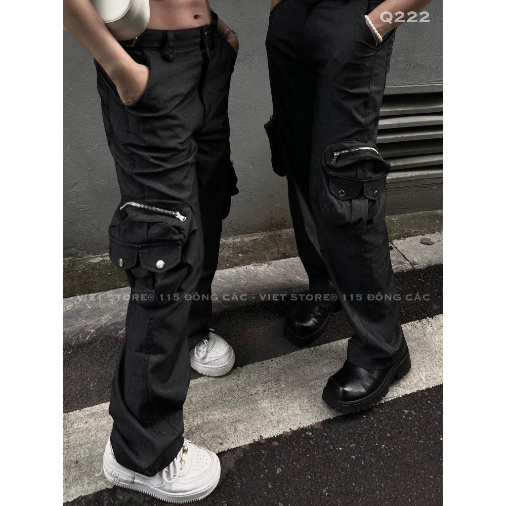 Quần Kaki Cargo Túi Hộp Khóa Zip Ống Suông Richky Màu Đen Q222