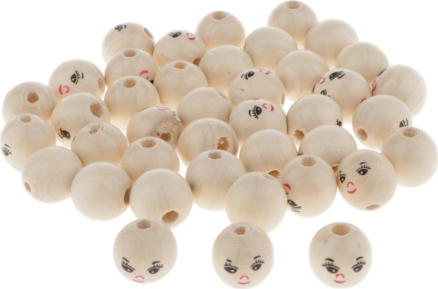 Set 40 Hạt Gỗ Tròn In Mặt Búp Bê Dùng Làm Trang Sức Độc Đáo