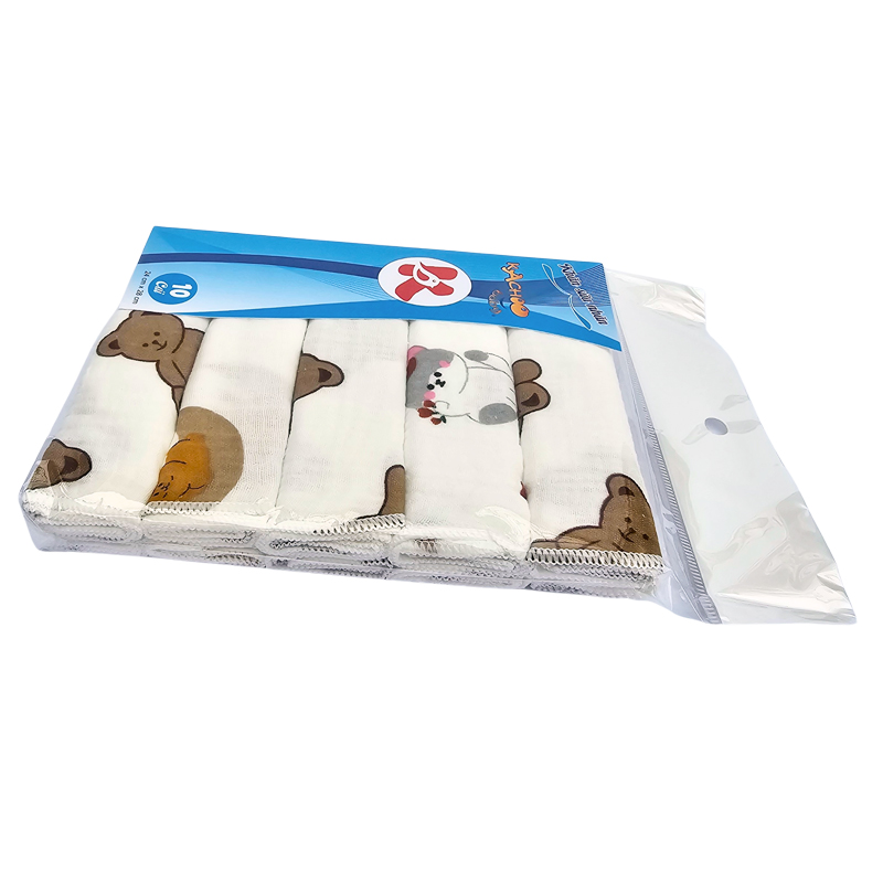 Set 10 khăn sữa nhăn muslin 2 lớp cho bé, size 24cm x 28cm, khăn sữa cho bé sơ sinh mềm mịn, an toàn thấm hút tốt