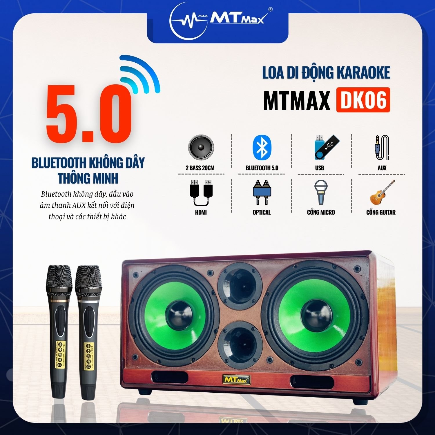 Loa Di Động Thùng Gỗ Sang Trọng Cao Cấp MTMAX DK06, Trang Bị 2 Bass 20 Và 2 Treble Cho Công Công Suất Mạnh Mẽ, Đầy Đủ Kết Nối Bluetooth, hàng chính hãng