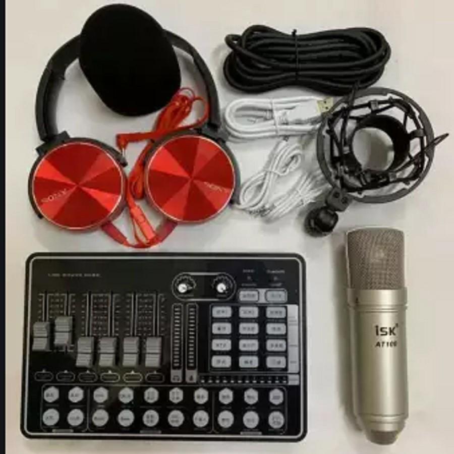 Combo Thu Âm Livestream Mic AT100 Sound Card H9 Pro autotune có Bluetooth tặng tai nghe