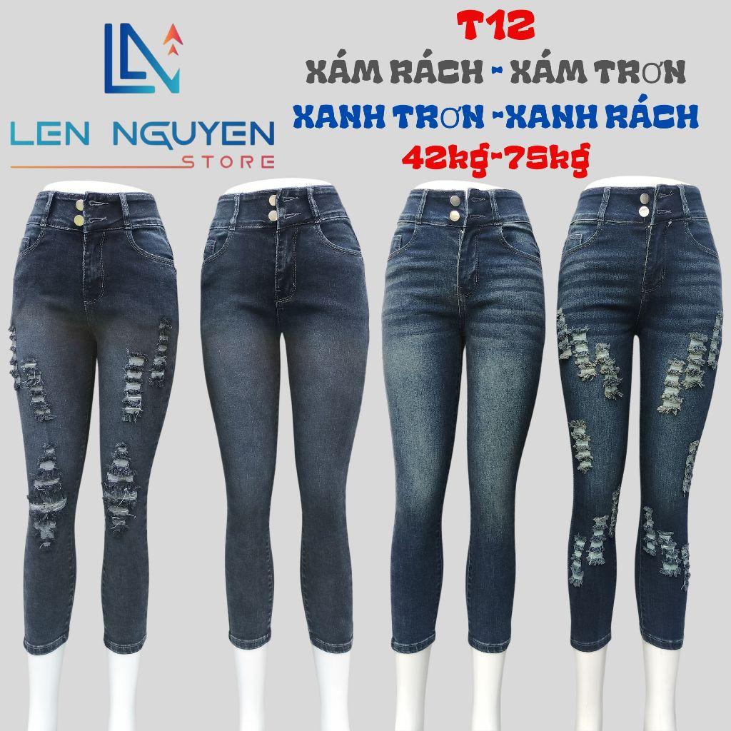 T12_Quần jean nữ, 9 tất, lưng cao, quần bò nữ dáng ôm, quần rin nữ có big size, cho 42kg đến 75kg,LEN NGUYEN STORE - Xanh Nhạt Rách