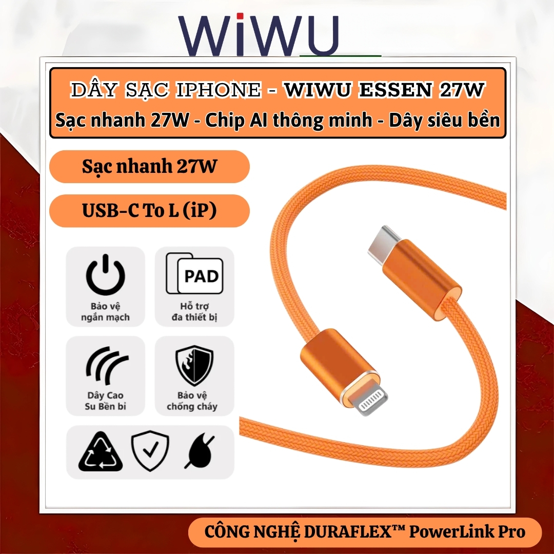 Dây cáp sạc nhanh PD 27W USB-C to Lightning công nghệ DURAFLEX PowerLink Pro dài 150cm WIWU ESSEN cho iPhone/ iPad - Sạc nhiệt độ thấp, Chip thông minh, Dây bện siêu bền, Chống rối + dây buộc gọn - Hàng nhập khẩu