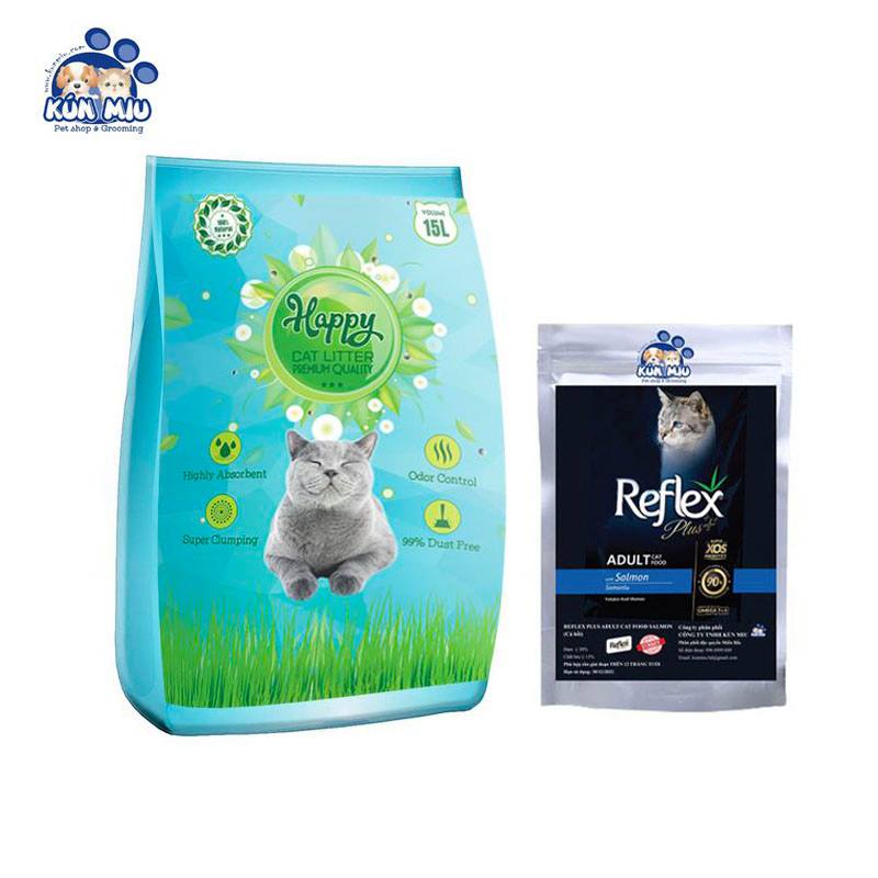 Combo cát vệ sinh cho mèo Happy 15L + thức ăn cho mèo Reflex Plus