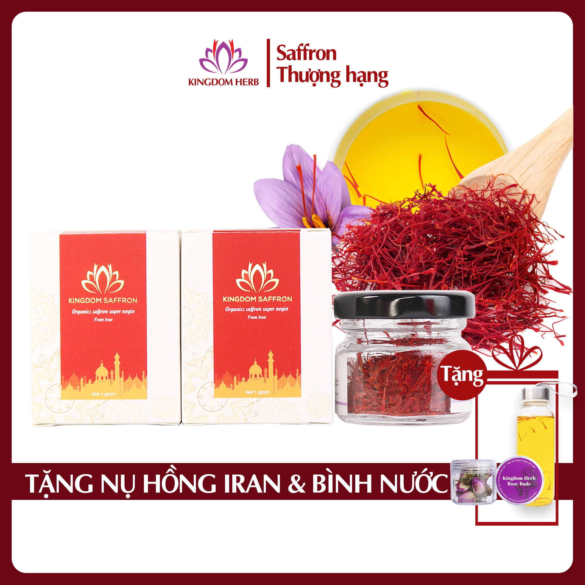 Combo 2 hộp (hộp/1gr) saffron Kingdom Herb, nhụy hoa nghệ tây Iran chính hãng super negin thượng hạng (Tặng hộp nụ hồng khô Iran 3g và bình nước thủy tinh)
