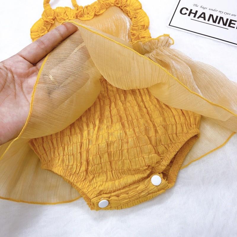 Body Yếm Vàng Bé Gái Sơ Sinh Đến 12kg, Chất Đũi Xốp Phối Tơ Ánh Nhũ Siêu Sang
