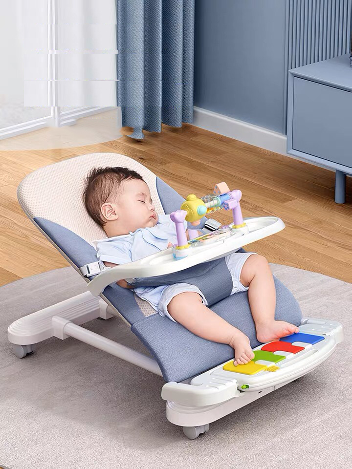 Ghế rung nhún bập bênh 3 chế độ ngã lưng gấp gọn BabyLong kiêm ghế ăn dặm cho bé có bánh xe và đồ chơi và đạp nhạc