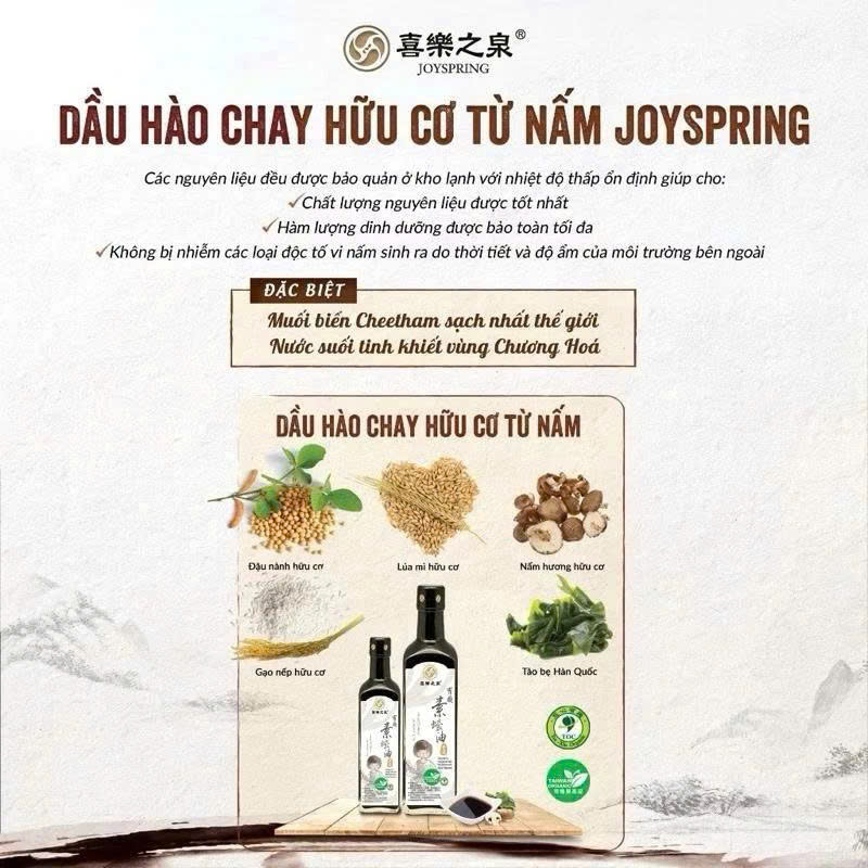 Dầu Hào Chay Hữu Cơ Từ Nấm JoySpring Chai 210ml 500m - Gia Vị Cho Các Món Ăn Chay, Ăn Kiêng, Healthy