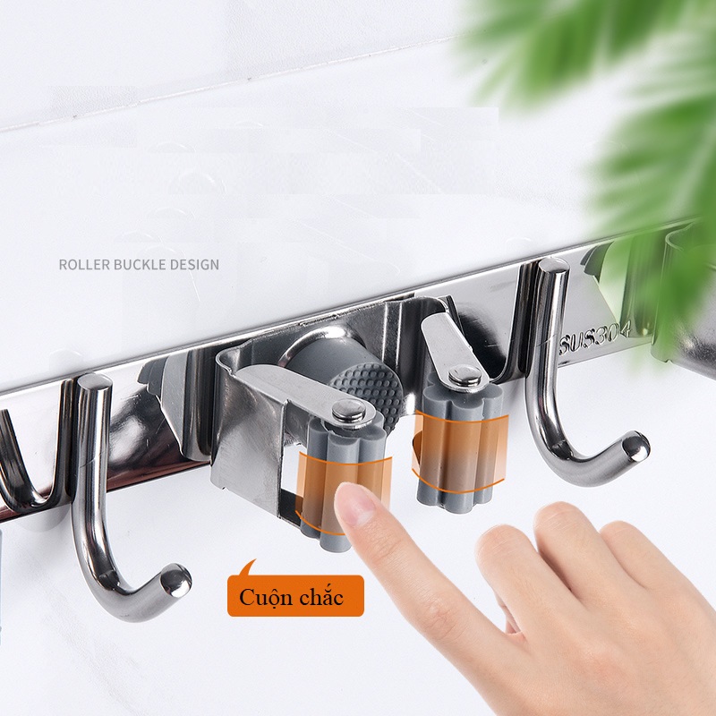 Thanh Treo Đồ Dán Tường Đa Năng Loại 4 Móc kèm 3 Kẹp Chổi Lau Nhà Chất liệu Inox 304 Cao Cấp - Tặng keo dán tường Chuyên dụng