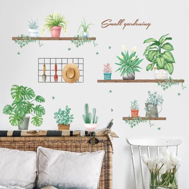 Decal trang trí tường - Kệ gỗ cùng những chậu cây xinh