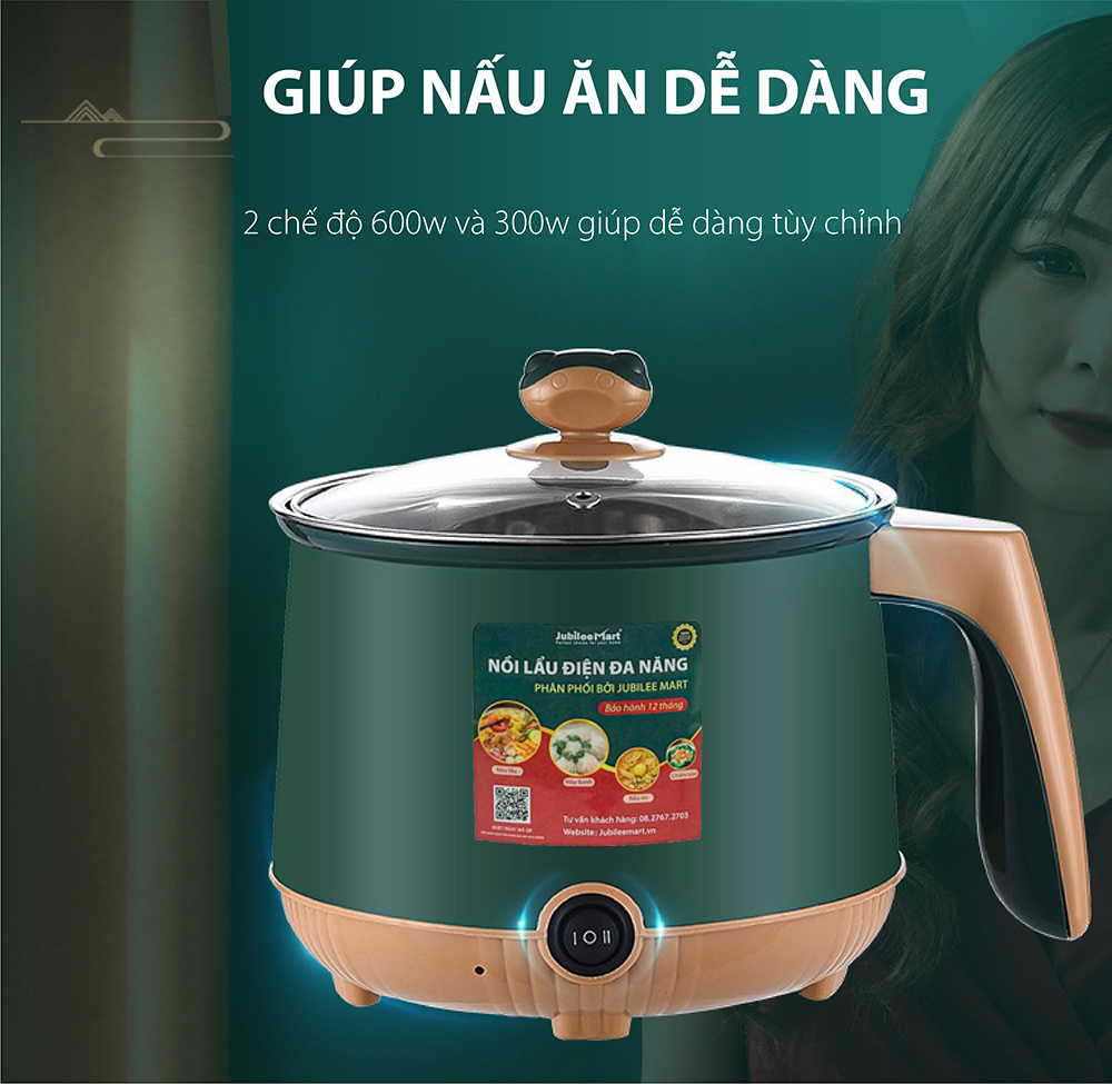 Nồi Điện Jubileemart đa năng, Nồi điện mini tặng kèm xửng hấp dùng chiên trứng, nấu canh, nấu lẩu, kho cá tiện lợi - hàng chính hãng