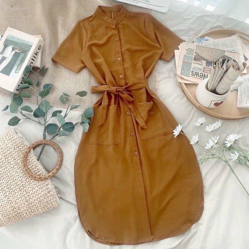 Đầm bầu sơ mi công sở tà bầu cột eo, Váy đầm form gọn cho mẹ mặc trước và sau sinh