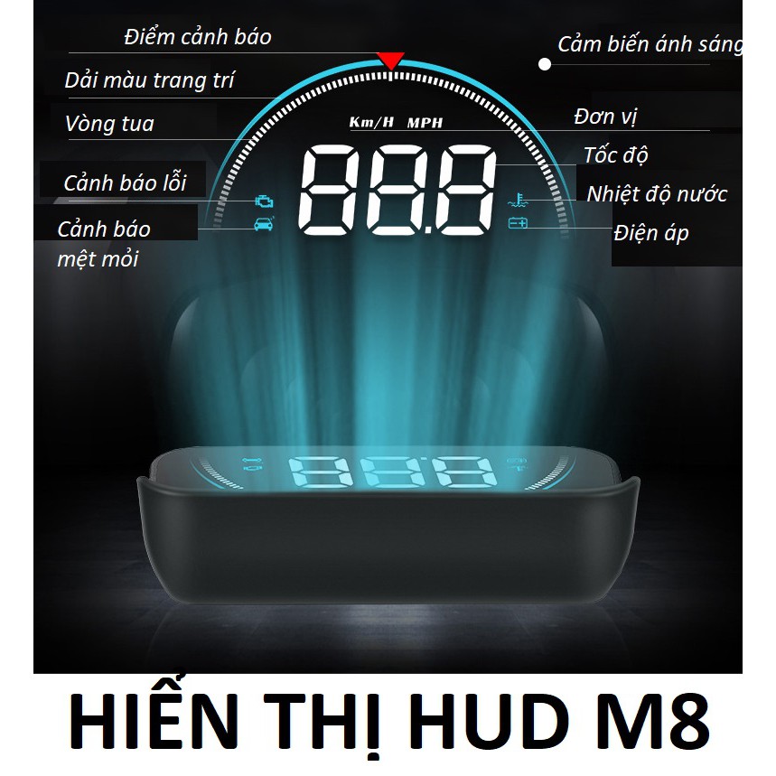 HUD M8 màn hình hắt kính hiển thị tốc độ và cảnh báo tốc độ cắm cổng OBD lái xe an toàn