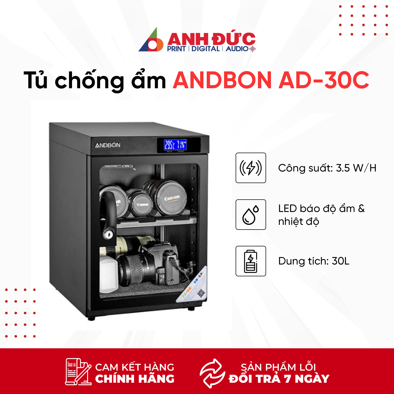 Tủ chống ẩm ANDBON AD-30C (30 lít) - Hàng Chính Hãng - Full VAT CO CQ