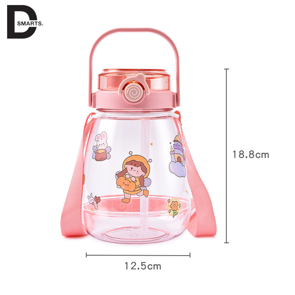 Bình nước 1,3L Bình đựng nước cute chịu nhiệt tốt, 2 đầu hút thẳng và ống hút, quai đeo chéo tiện lợi