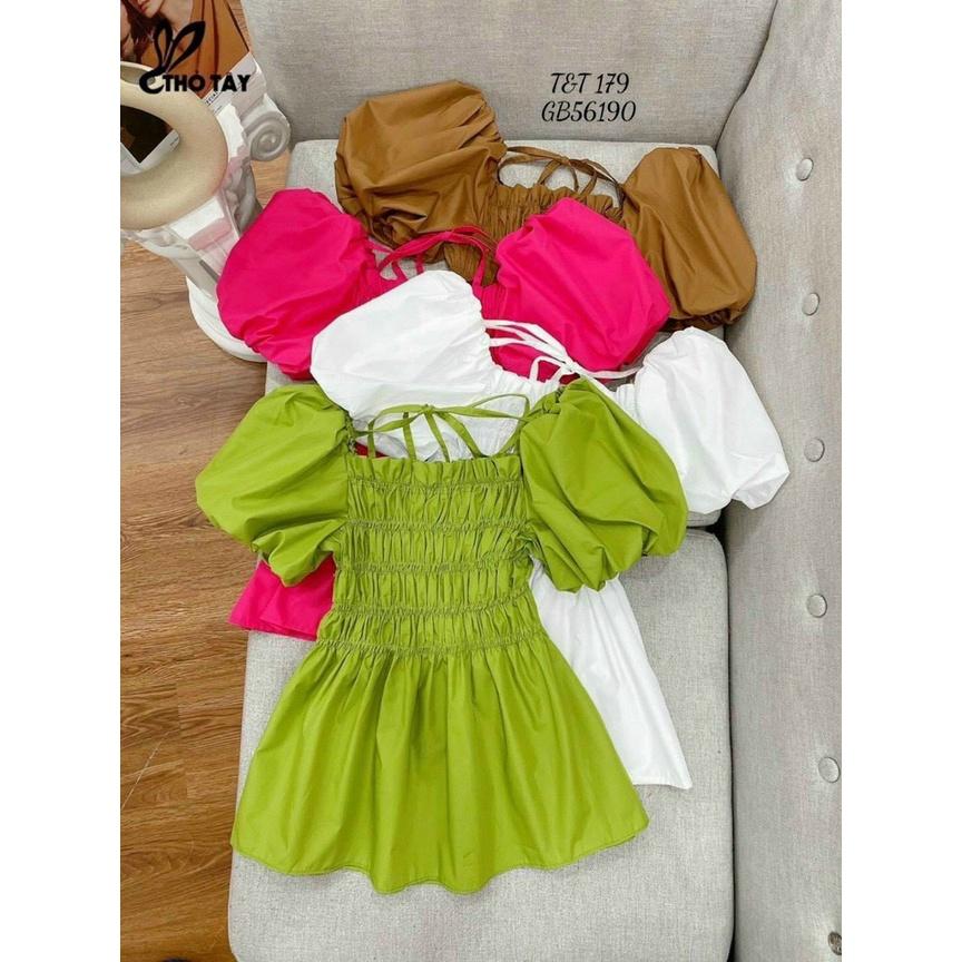 Áo kiểu nữ ngắn tay nhún ngực bẹt vai tay phồng cổ vuông LOVI