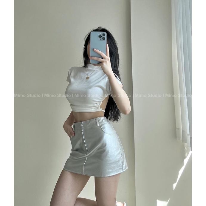 Thun trắng tay ngắn hở lưng dây rút- Váy da xám