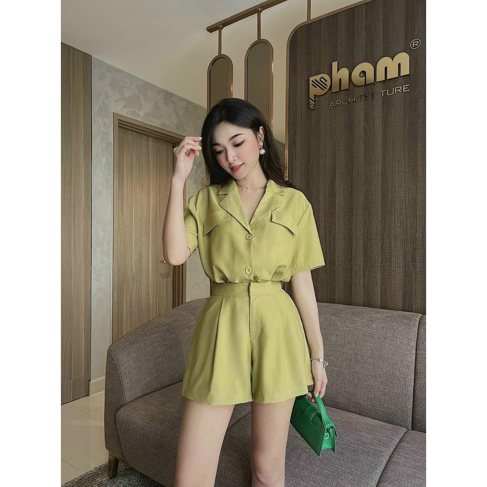 Sét vest nữ ngắn tay phối quần ống rộng xinh xắn 4 màu sắc .