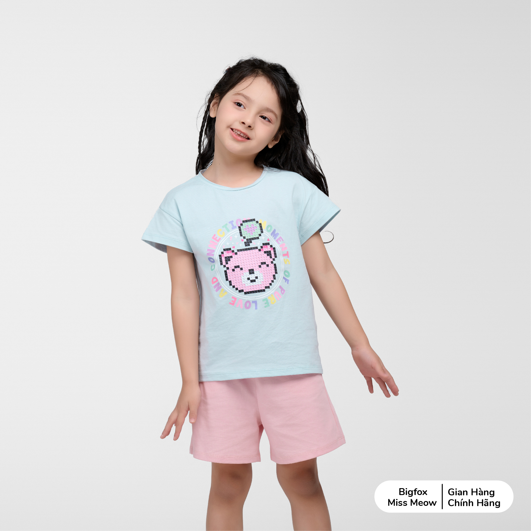 Bộ quần áo bé gái Bigfox Miss Meow mùa hè size đại vải cotton in gấu cỡ 3,6,9,11 tuổi 30kg 40kg