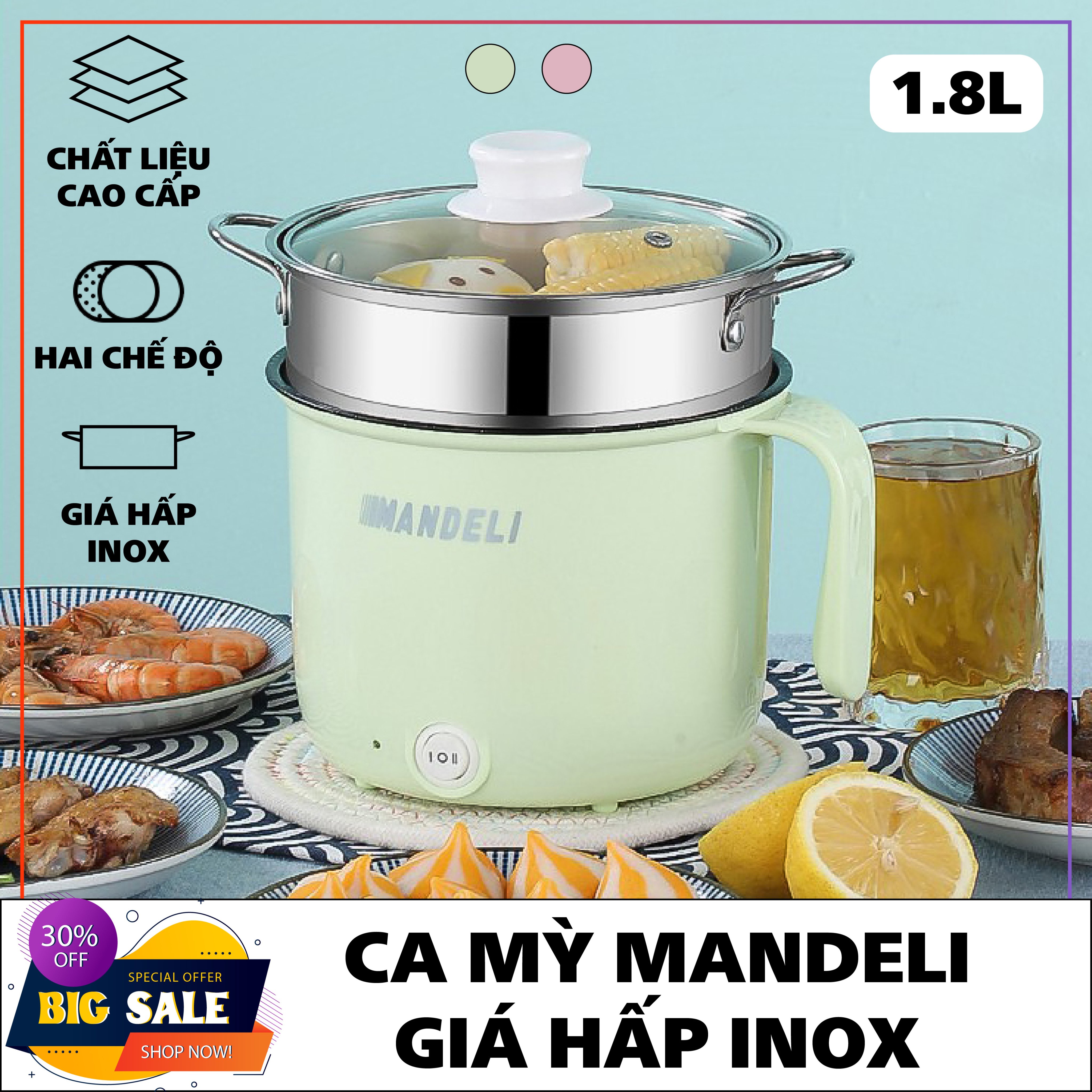 Ca Nấu Mì, Nấu Cơm Đa Năng Có Tay Cầm 1.8L, Ca Nấu Mì Mini Kèm Giá Hấp Inox Chất Lượng Cao