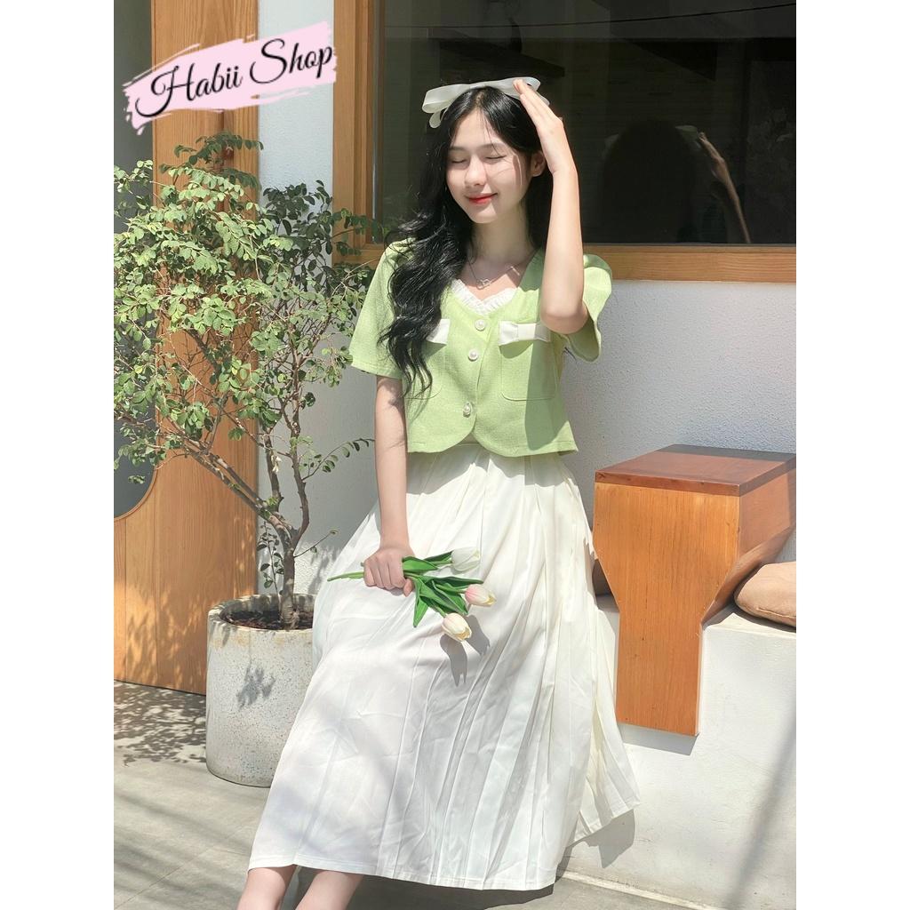 Set đồ nữ sang chảnh áo tiểu thư tay bồng chân váy xếp ly dài công sở - Set tiểu thư ulzzang HABII SE12