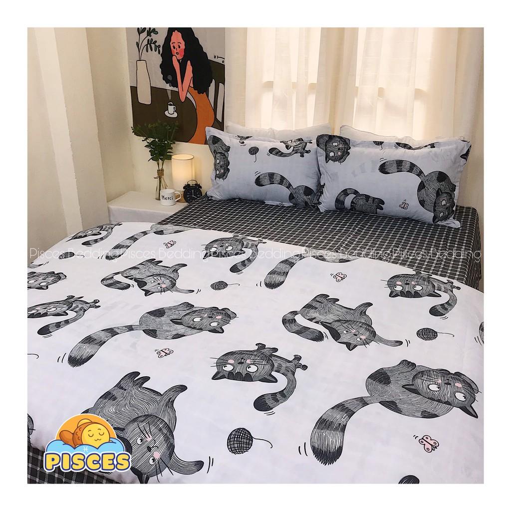Bộ Chăn Ga Gối Cotton Poly Hình Mèo Đen Dễ Thương, Chất Vải Không Xù, Không Phai Màu