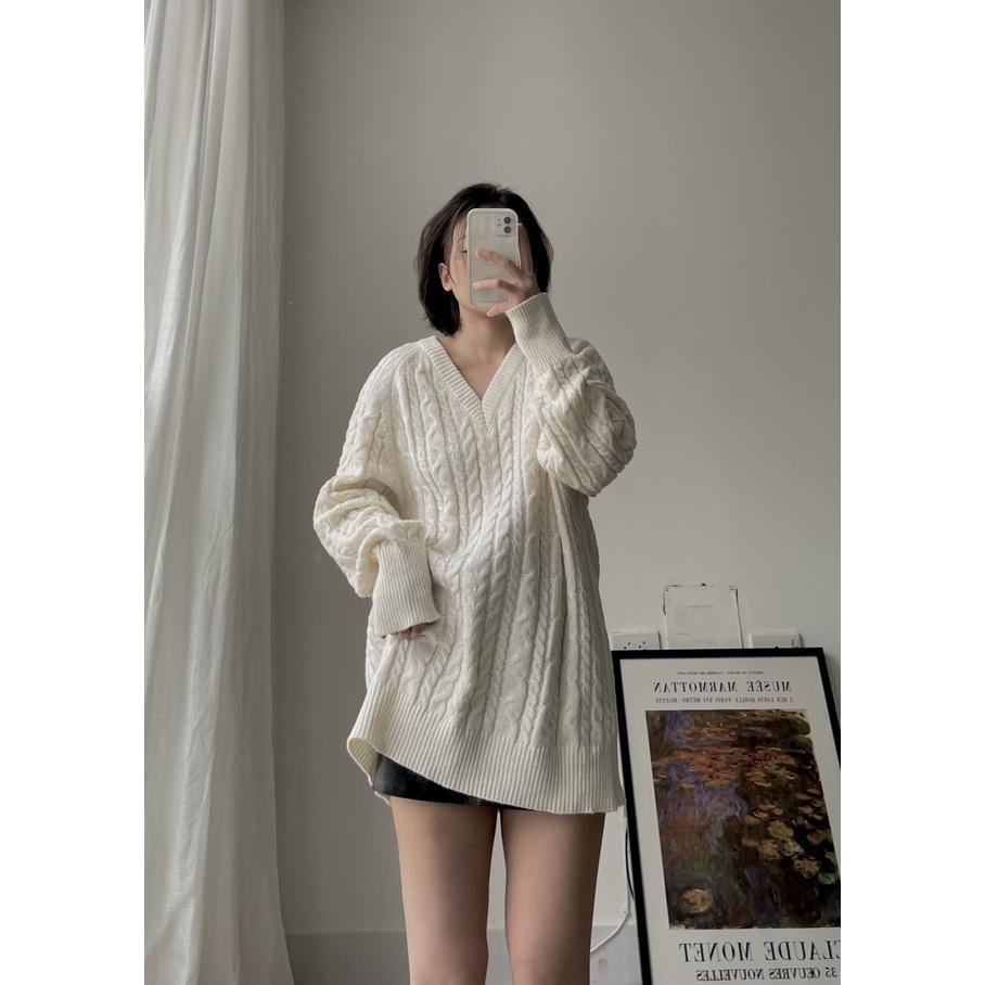 Áo len vặn thừng suông dài dày mịn ấm áp