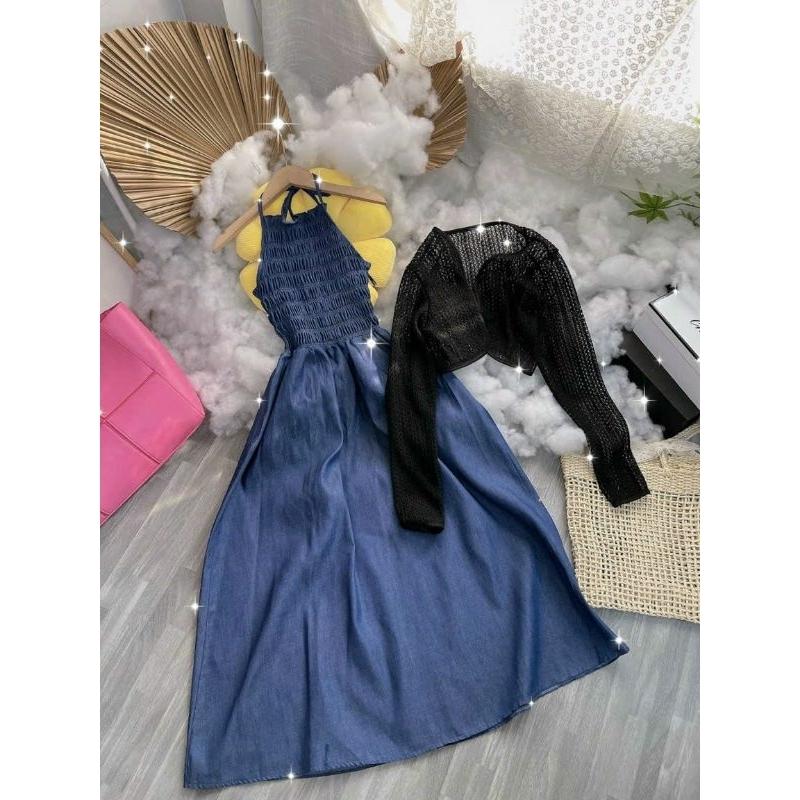 SET ĐẦM CỔ YẾM DEMIN NHÚN PHỐI ÁO KHOÁC REN ĐEN