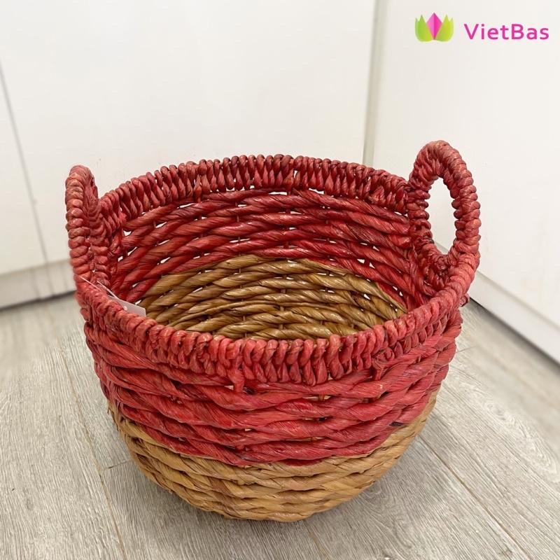 Giỏ lục bình tay cầm đỏ VIETBAS tròn có quai MAU76