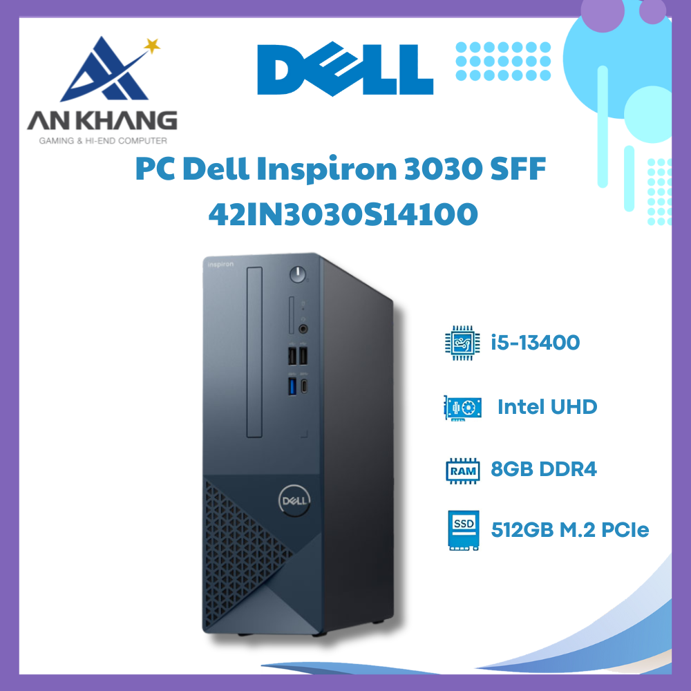 PC Dell Inspiron 3030S 42IN3030S14100 (i3 14100/ 8GB/ 512GB SSD/ Wifi + BT/ Key/ Mouse/ Win11/ 2Y) - Hàng Chính Hãng - Bảo Hành 24 Tháng