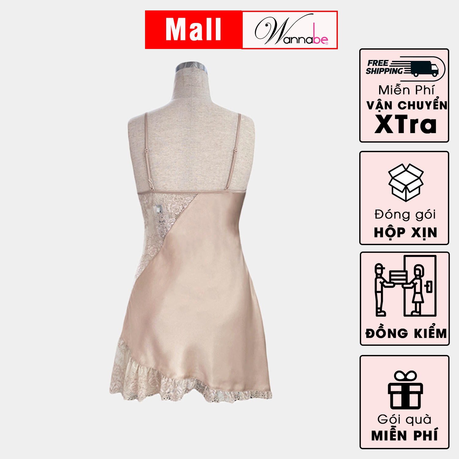 Đầm ngủ phi lụa cao cấp Wannabe DNS29 phối ren sườn nữ tính nhẹ nhàng