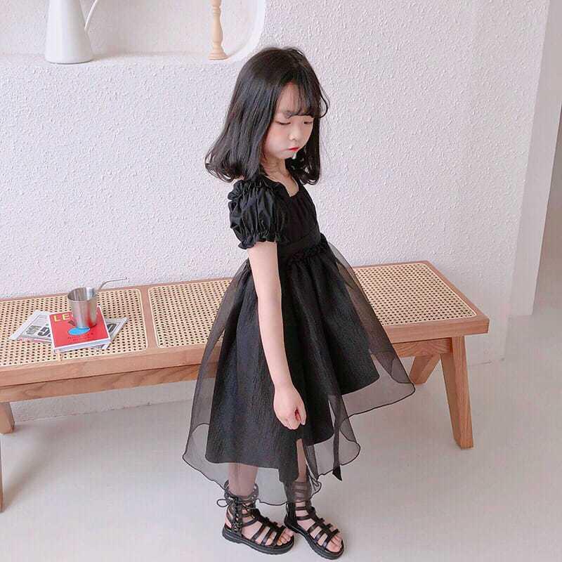 DONGSHOP HOT Cô gái công chúa váy 2021 mùa hè trẻ em màu đen retro khí chất tuxedo đầm đầm cổ tích đầm