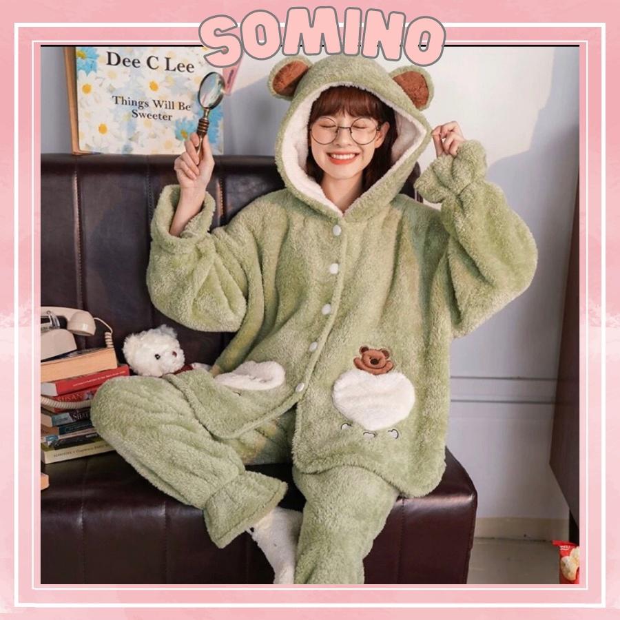 Bộ Đồ Ngủ Lông Pijama Quần Áo Mặc Ở Nhà Dài Tay Mùa Đông Mềm Mại Bộ Ngủ Mùa Đông Dày Dặn Ấm Áp