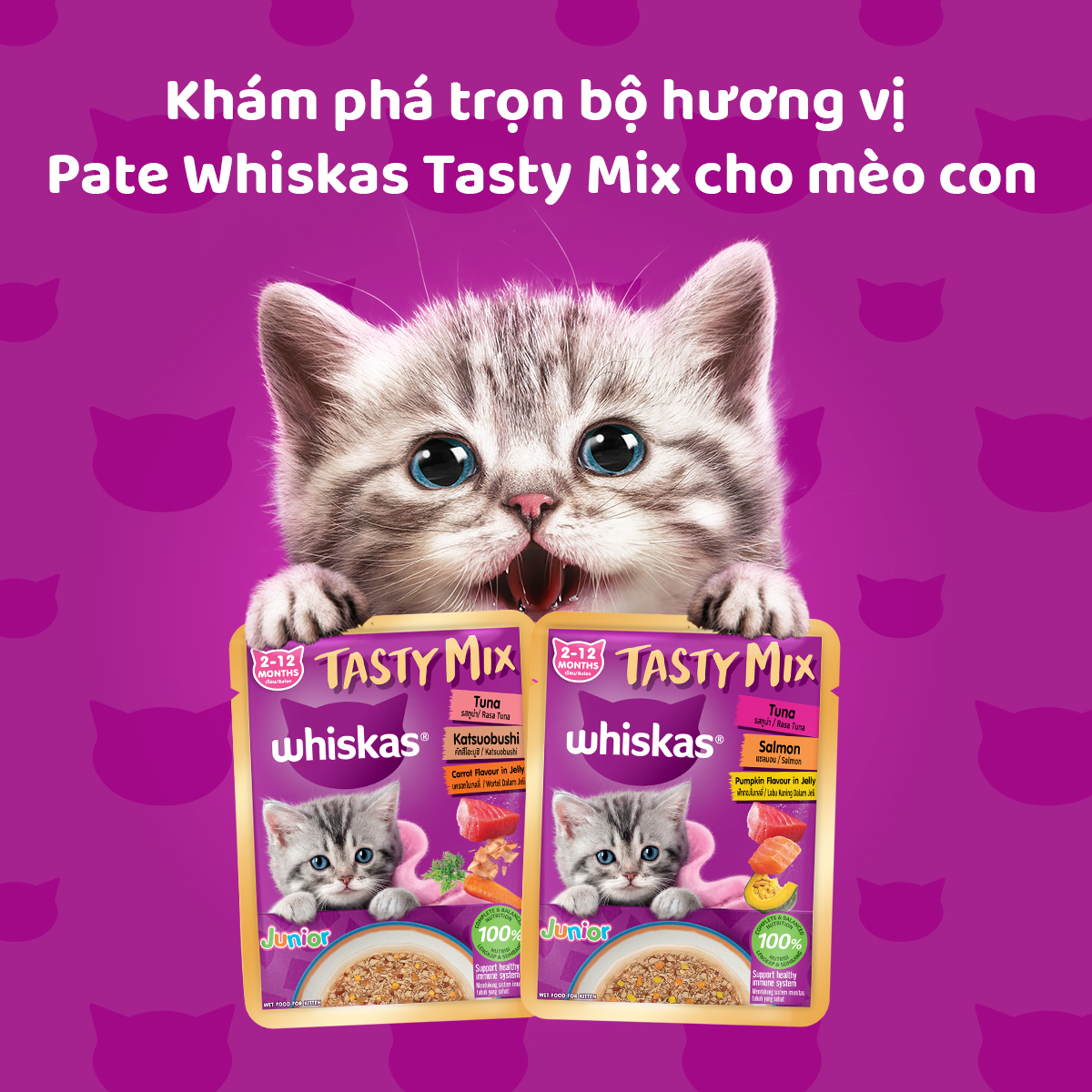 [Quà tặng không bán] WHISKAS TASTY MIX Thức Ăn Cho Mèo Con Dạng Sốt Vị Gà, Cá Ngừ, Khoai Lang & Nước Sốt, 70g